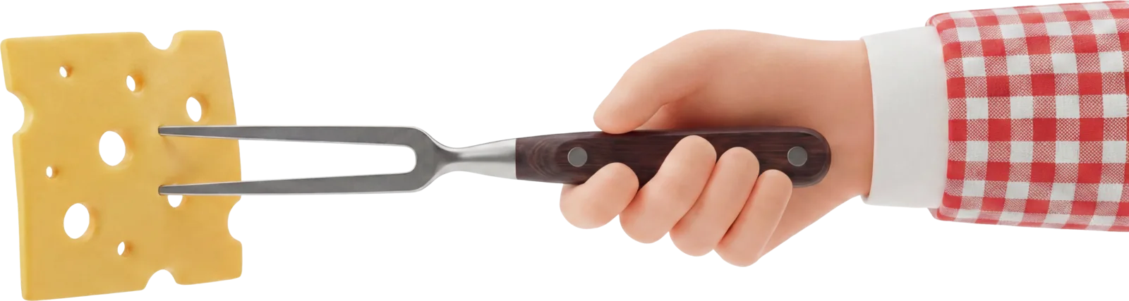 Eine Hand reicht ein Stück Käse auf der Fleischgabel.